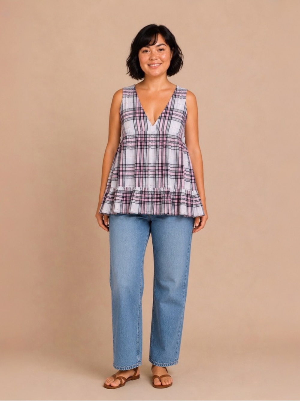 We The Free Pink White and Black Plaid Sleeveless V-Neck Top